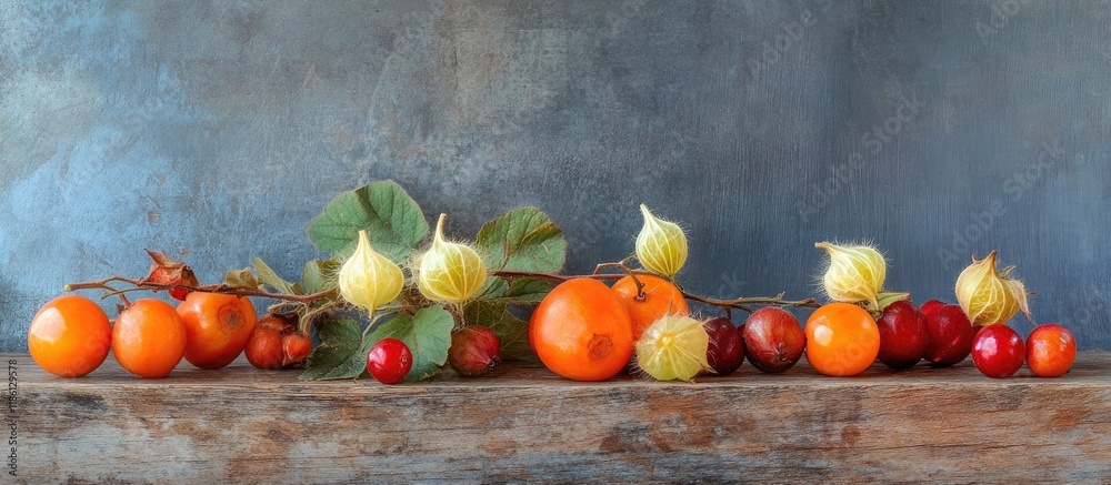 Aufkleber cape gooseberry physalis and winter cherry on a wooden surface. with copy space image. place for add
