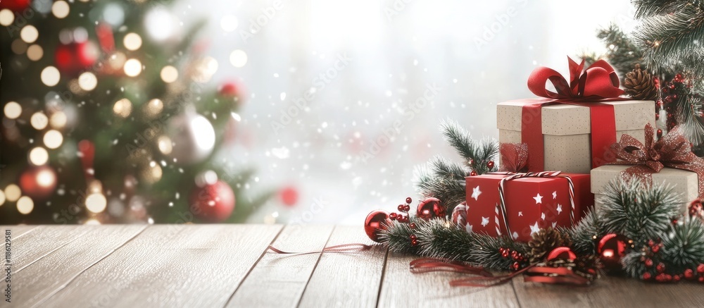 Aufkleber christmas backdrop featuring decorations and gift boxes arranged on a wooden table. with copy space 
