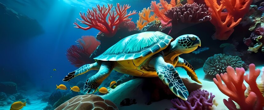 A bright illustration of a turtle exploring a vibrant coral reef filled with life and color