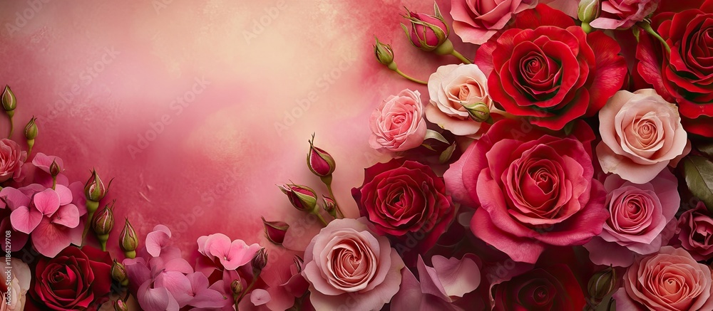 Leinwandbilder red and pink roses with a backdrop of flower buds. with copy space image. place for adding text or d