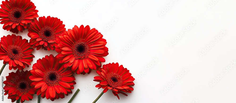 Fototapete Beautiful bright red gerbera flowers against a white background top view. with copy space image. Place for adding text or design