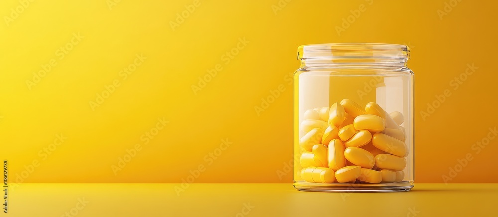 Poster Glass container for pills Attractive yellow backdrop. with copy space image. Place for adding text or design