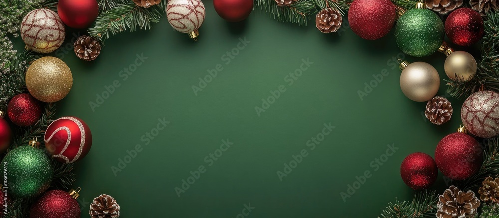 Fototapete A frame created from various Christmas balls on a green background. with copy space image. Place for adding text or design