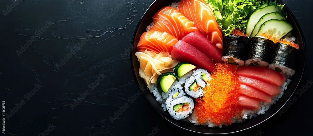 Poster Make chirashi sushi a Japanese dish consisting of rice topped with ingredients like sashimi. with copy space image. Place for adding text or design