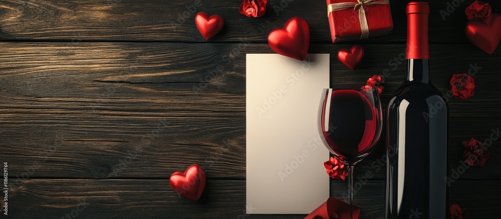 Poster Valentine s Day featuring wine and a gift with a blank sheet for writing. with copy space image. Place for adding text or design