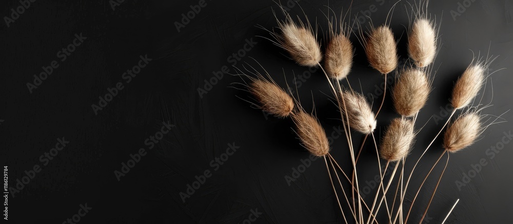 Aufkleber dried fluffy bunny tails grass lagurus ovatus blooms on a black background with space for text or pr