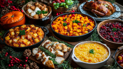 Festive autumn meal spread featuring a variety of traditional dishes and seasonal ingredients