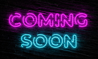 Vibrant neon coming soon sign glowing on a dark