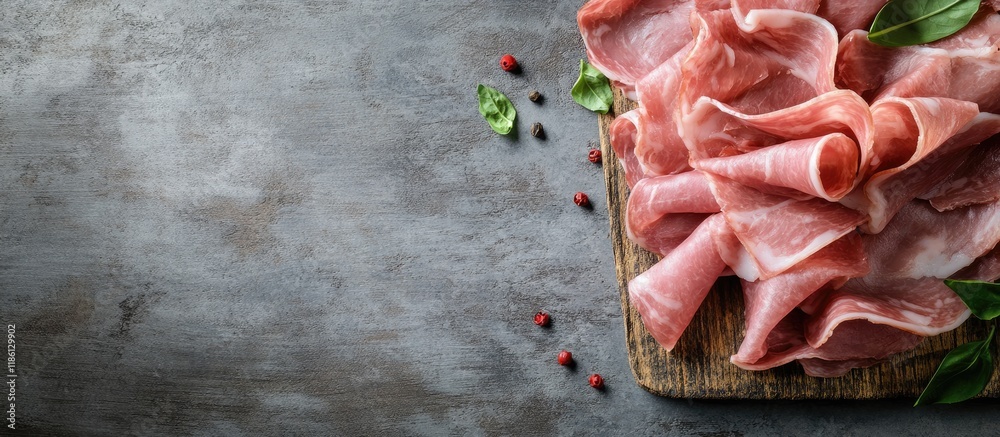 Poster Thin slices of pork ham resting on a wooden kitchen table Gray backdrop Top view. with copy space image. Place for adding text or design