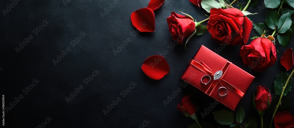 Poster red roses a ring and a gift box on a black background. with copy space image. place for adding text 