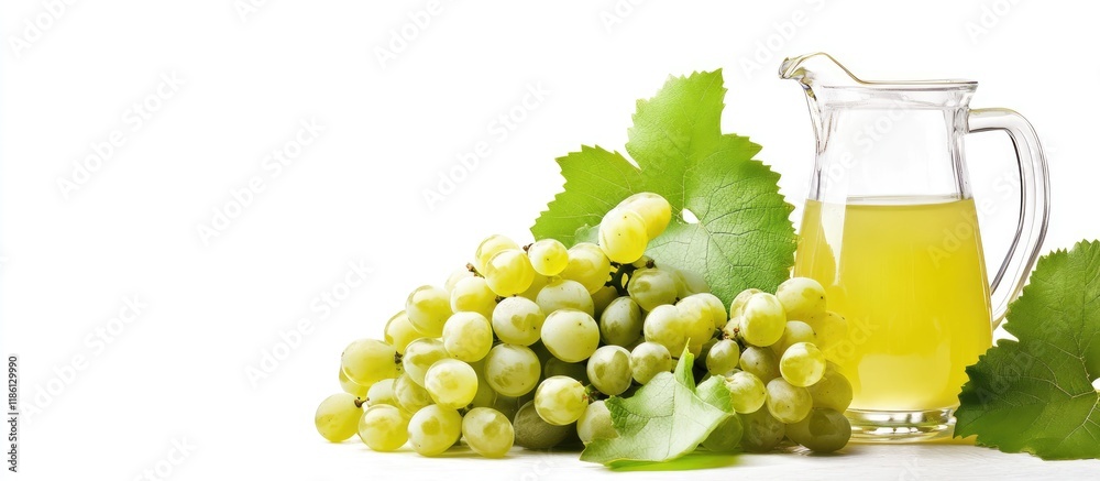 Aufkleber fresh grape fruit with green leaves set against a white background a cluster of green grapes alongsi