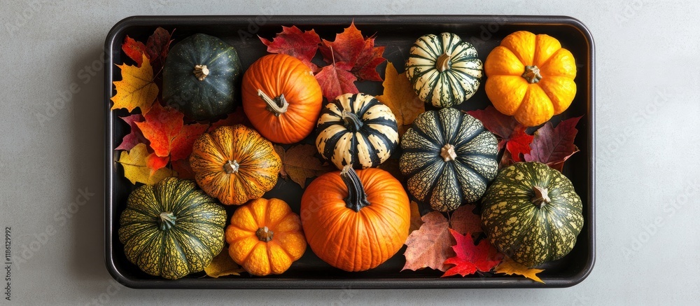 Aufkleber Top view of a tray filled with various pumpkins and autumn leaves. with copy space image. Place for adding text or design