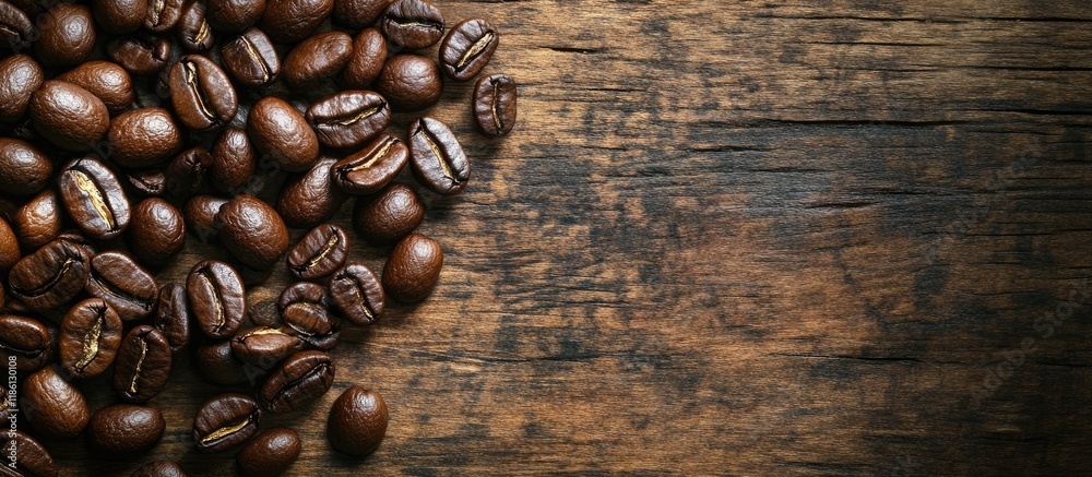 Aufkleber Coffee beans on a wooden background macro close up for design purposes. with copy space image. Place for adding text or design