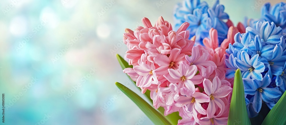 Poster Bouquet featuring pink and blue hyacinths Selective focus. with copy space image. Place for adding text or design