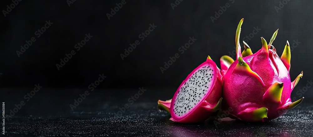 Poster close up of pink pitaya or dragon fruit on a black background set vertically featuring copy space