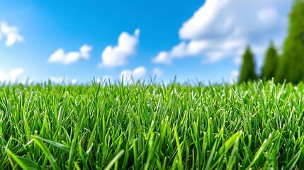 Fototapeta premium A photostock of a vibrant green meadow with dew-covered grass and soft morning light, representing nature's beauty and freshness. High Quality