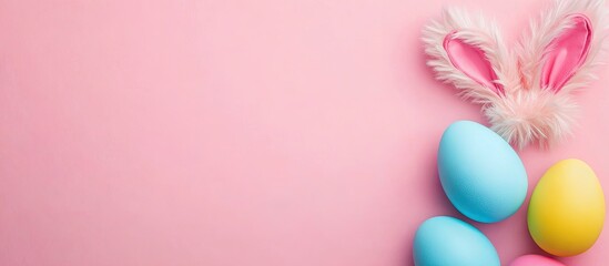 Happy Easter theme Holiday preparations Colorful decorated eggs and furry bunny ears costume set against a trendy pastel pink background Simple minimalism flat lay top view copyspace