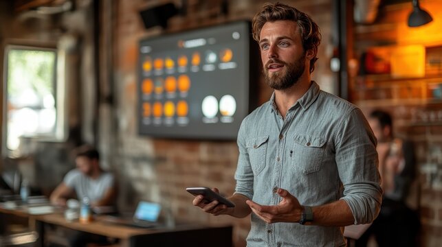 Entrepreneur Presenting Innovative App Idea in Tech Setting