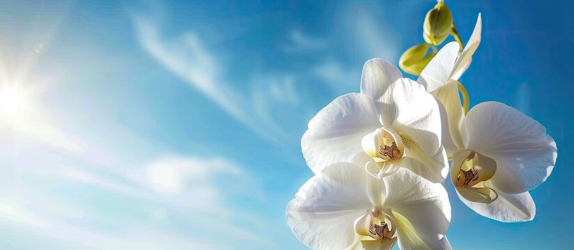 White beauty orchid against a blue sky backdrop. with copy space image. Place for adding text or design - Powered by Adobe