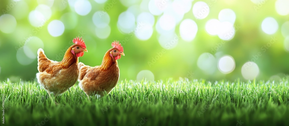 Poster Brown chickens walk on the green grass. with copy space image. Place for adding text or design