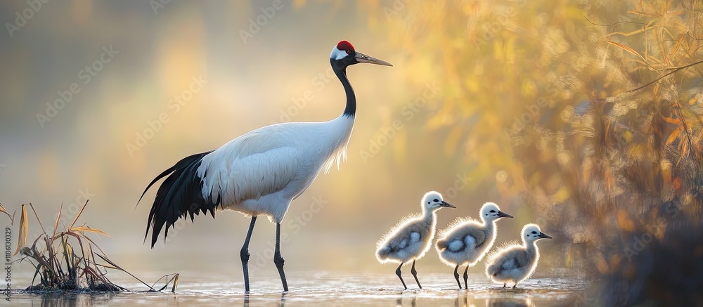 Poster red crowned crane family hokkaido community. with copy space image. place for adding text or design