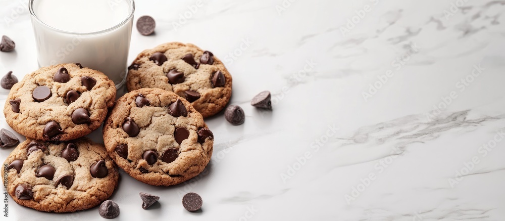 Fototapete cookies with chocolate chips and milk. with copy space image. place for adding text or design