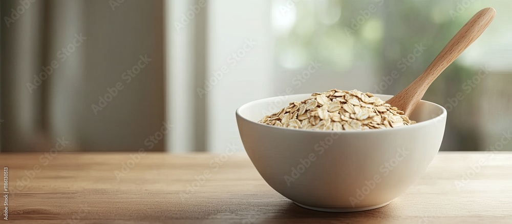 Leinwandbilder white bowl of oat flakes with a wooden spoon on a wooden table. with copy space image. place for add