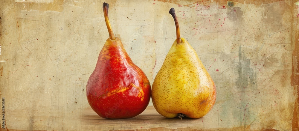 Aufkleber square vintage textured paper background featuring red and yellow pear fruit. with copy space image.