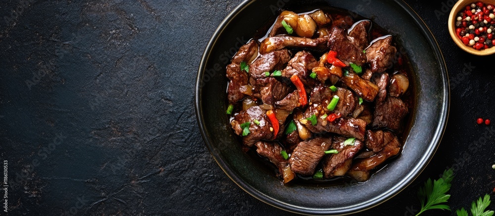 Poster Japanese oyster mushrooms stir fried with beef and garlic. with copy space image. Place for adding text or design