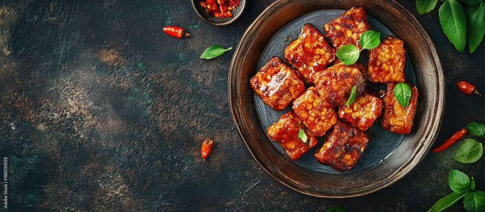 Fototapete View of tempeh mendoan a tasty Indonesian dish on a plate ready for consumption. with copy space image. Place for adding text or design
