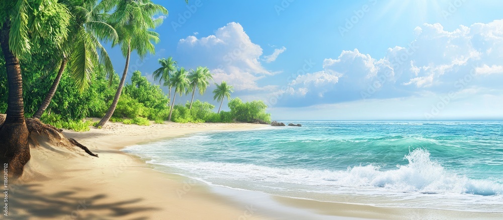 Poster stunning sunny beach shoreline with a panoramic tranquility bay vacation backdrop. with copy space i