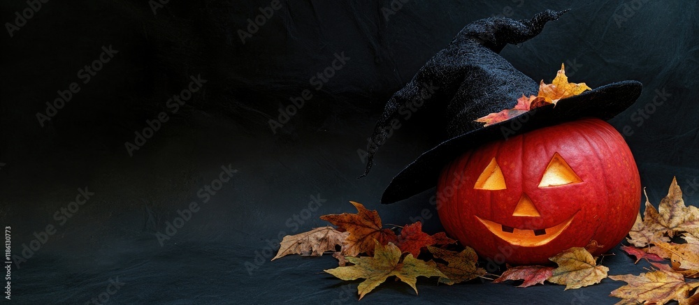 Poster large pumpkin for halloween black witch hat adorned with autumn golden leaves against a black backgr