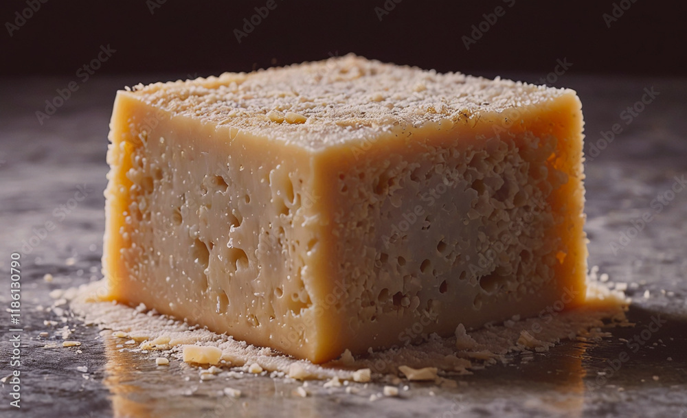 Poster piece of cheese with a white crust on it. the crust is made of sugar. the cheese is sitting on a tab