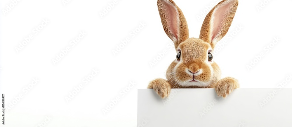 Poster lop eared easter bunny holds a sales symbol above a white banner isolated on a white background. wit