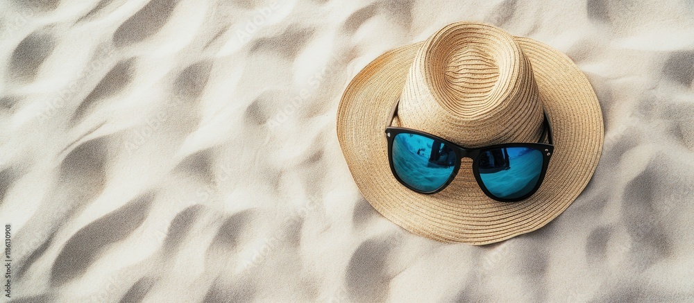Poster top view beach travel background featuring sunglasses and a beach hat on the sand. with copy space i