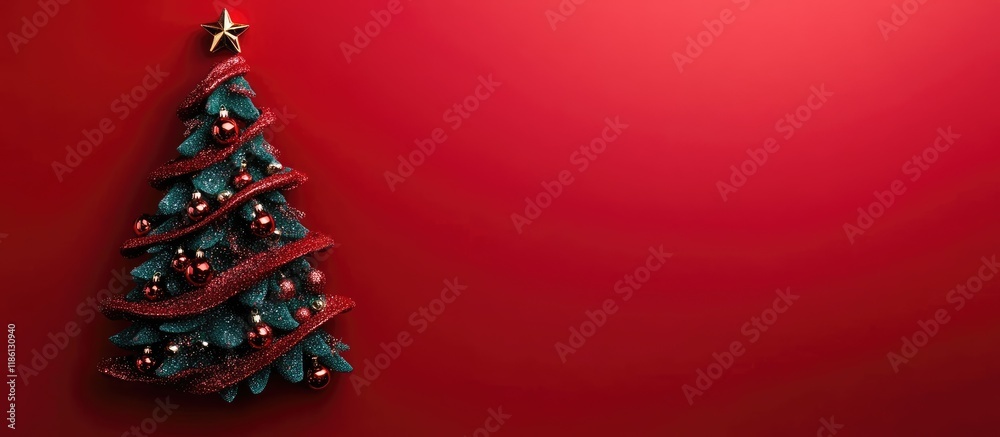 Fototapete christmas toy shaped like a christmas tree on a red background. with copy space image. place for add