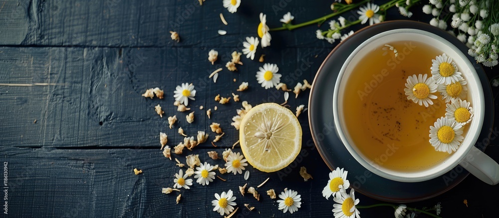 Aufkleber Cup of chamomile tea with dried flowers and lemon slices on a black wooden table. with copy space image. Place for adding text or design