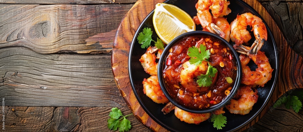 Poster top view of fried shrimp and cashew nuts with tamarind sauce on a wooden background featuring copy s