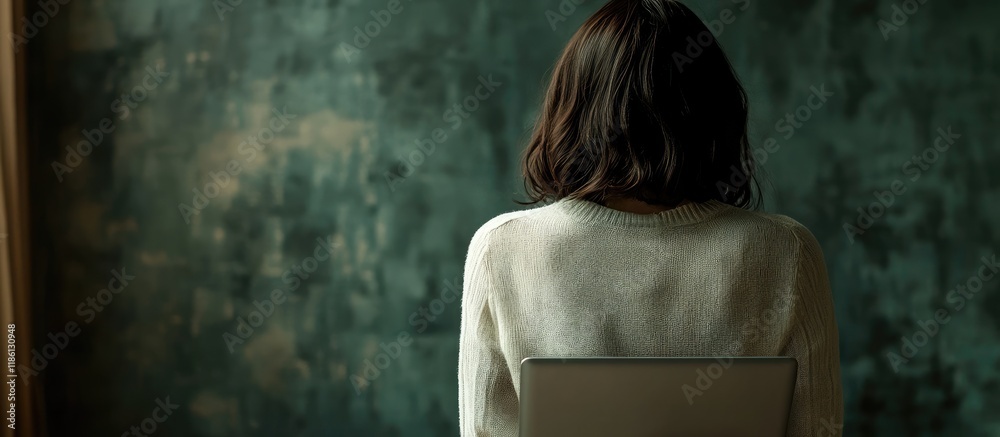 Poster unrecognized woman seen from the back looking at a laptop. with copy space image. place for adding t