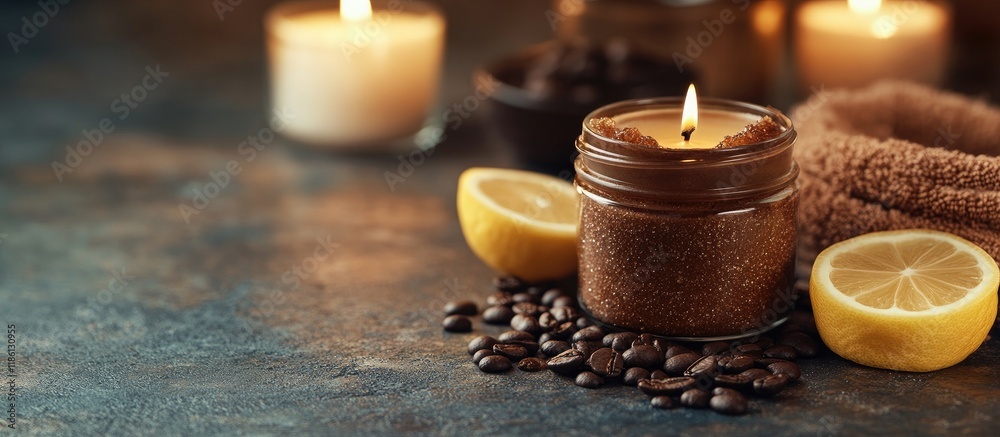 Poster handcrafted scrub featuring coffee lemon and argan oil spa essentials candles. with copy space image