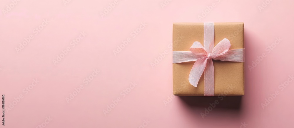 Poster Top view of a brown gift box for the New Year on a pink pastel background with space. with copy space image. Place for adding text or design