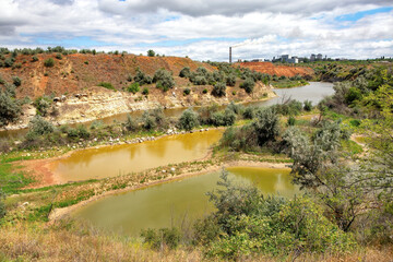 Naklejka premium Lush riverbanks with rich vegetation under dramatic cloud patterns by the water's edge