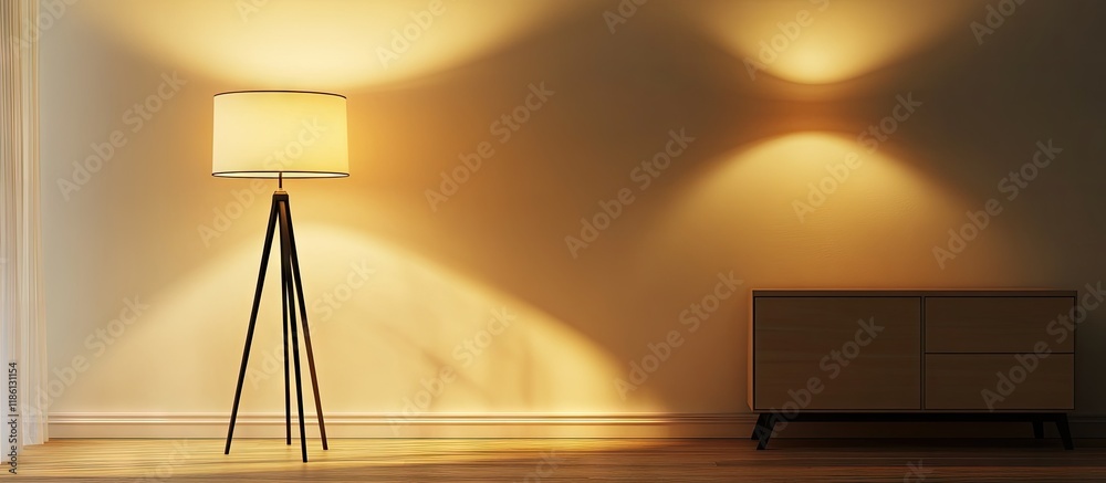 Poster interior of a chic room featuring a luminous stand lamp and drawers. with copy space image. place fo
