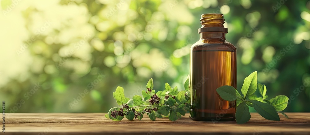 Fototapete essential oil in a bottle with oregano twigs on a wooden table set against a blurred green backgroun