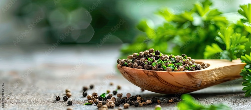 Leinwandbilder Parsley seeds in a wooden ladle. with copy space image. Place for adding text or design