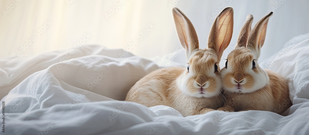 Poster Two Easter bunnies in the bed. with copy space image. Place for adding text or design