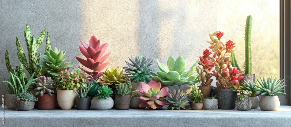 Fototapete Group arrangement of succulents on the windowsill. with copy space image. Place for adding text or design
