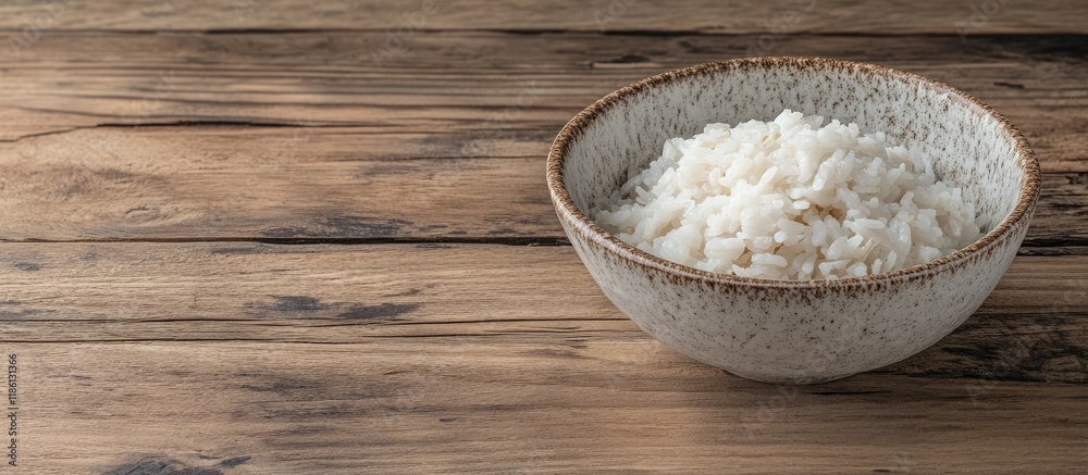Poster Bowl of boiled rice placed on a wooden table Asian cuisine. with copy space image. Place for adding text or design