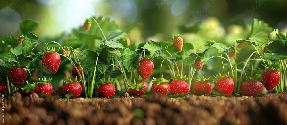 Aufkleber Strawberry plants growing in a garden. with copy space image. Place for adding text or design