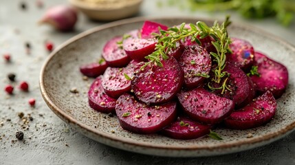 Obraz premium Freshly Sliced Beetroot Salad with Aromatic Herbs and Spices on a Rustic Plate Garnished with Sprigs of Thyme for a Delicious Dish